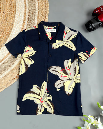 Boys Flower Print Shirt Navy Blue