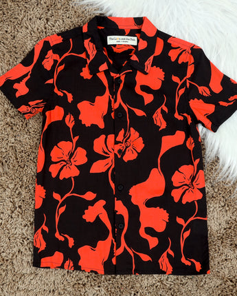 Boys Flower Print Shirt Black Orange