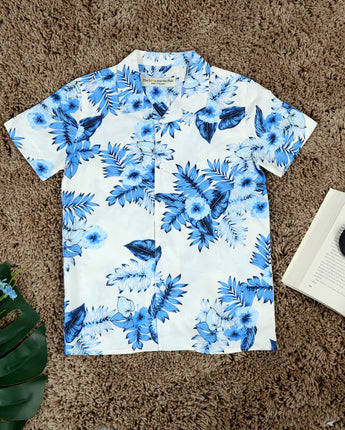 Boys Botanical Print Shirt White Blue