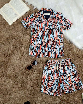 Boys Doodle Printed Shirt & Short Co-Ord Set Peach Blue Black