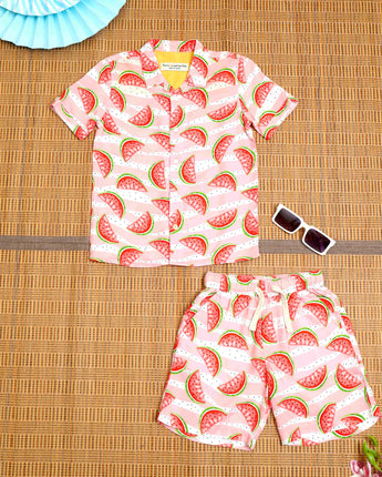 Boys Fruit Printed Shirt & Short Co-Ord Set Pink Red