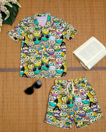 Boys Owl Printed Shirt & Short Co-Ord Set Brown