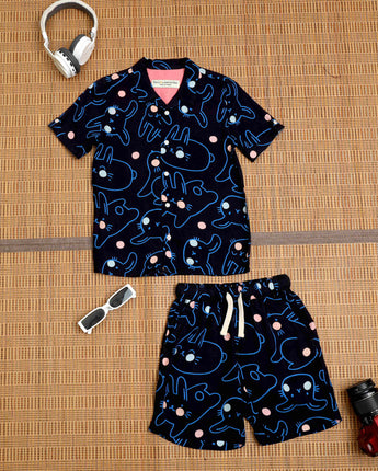 Boys Cat Printed Shirt & Short Co-Ord Set Black Blue