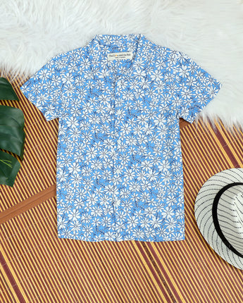 Boys Flower Print Shirt Blue White