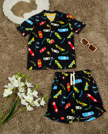 Boys Sports Printed Shirt & Short Co-Ord Set Black