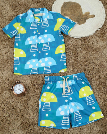 Boys Boat Printed Shirt & Short Co-Ord Set Teal