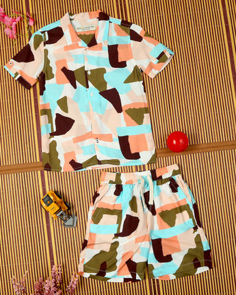 Boys Aztcc Printed Shirt & Short Co-Ord Set Peach Maroon