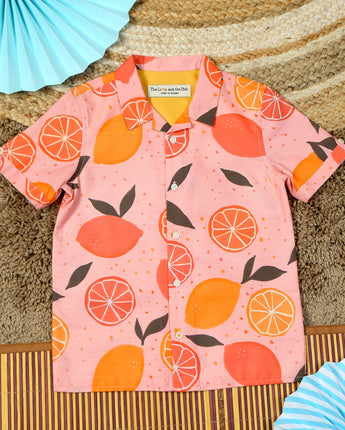 Boys Lemon Printed Shirt & Short Co-Ord Set Peach Mustard