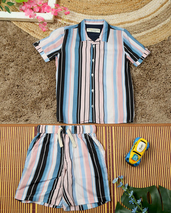 Boys Stripe Printed Shirt & Short Co-Ord Set Pink Blue