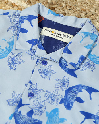 Boys Fish & Flower Print Shirt Light Blue