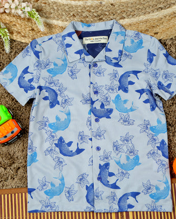 Boys Fish & Flower Print Shirt Light Blue