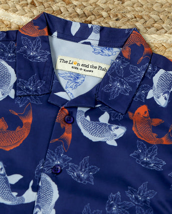 Boys Fish & Flower Print Polyknit Shirt Light Navy Blue