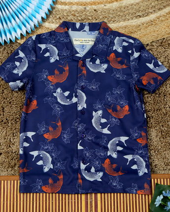 Boys Fish & Flower Print Shirt Navy Blue