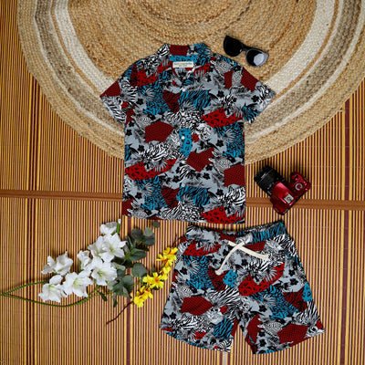 Red Blue Printed Co Ord Set for Boys