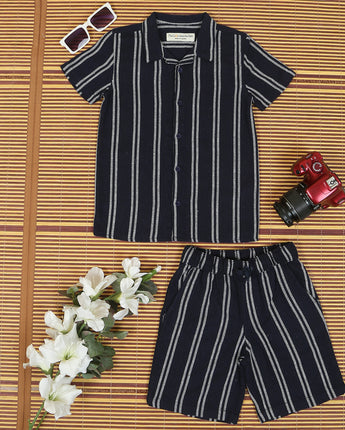 Boys Winter Warm Shirt & Shorts Co-Ord Set Navy White