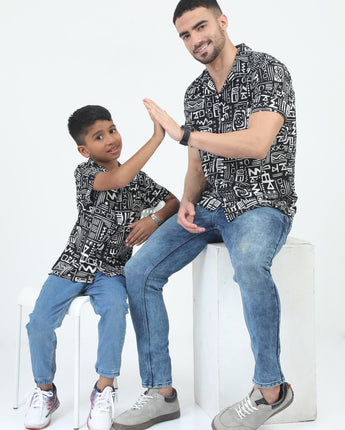 Dad & Son Aztec Printed Shirt Black White