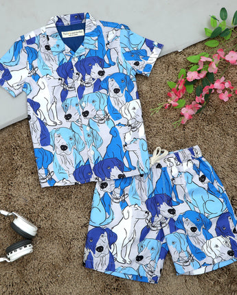 Boys Paw Printed Shirt & Short Co-Ord Set Blueberry