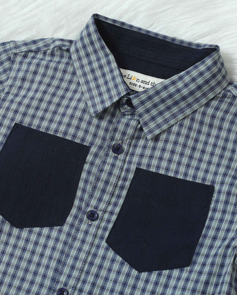 Boys Double Pocket Checkered Shirt Emerald Navy