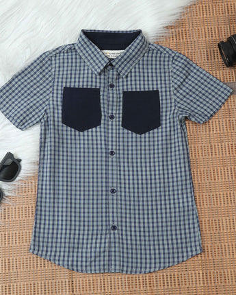 Boys Double Pocket Checkered Shirt Emerald Navy