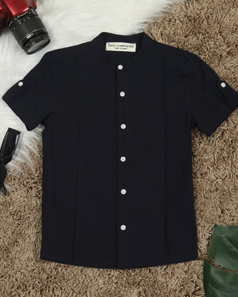 Boys Navy Mandarin Collar Shirt