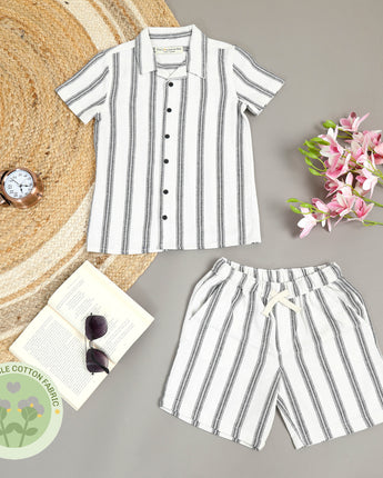 Boys Textured Shirt & Short Co-Ord Set Ivory Stripe