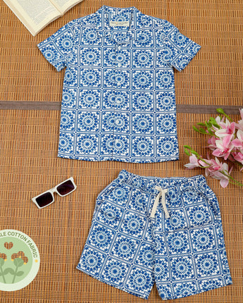 Boys Jaipuri Printed Shirt & Shorts Co-Ord Set Blue White