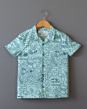 Doodle Print Mint Green Shirt For Boys