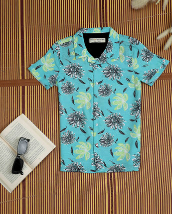 Cadet Blue Flower Print Shirt Boy