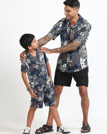 Dad & Son Zebra Printed Shirt Grey Navy Blue