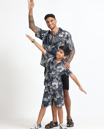 Dad & Son Zebra Printed Shirt Grey Navy Blue