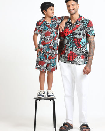 Dad & Son Zebra Printed Shirt Red Blue