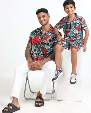 Dad & Son Zebra Printed Shirt Red Blue