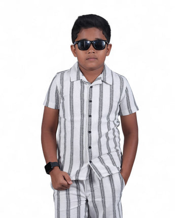 Boys Textured Shirt & Short Co-Ord Set Ivory Stripe