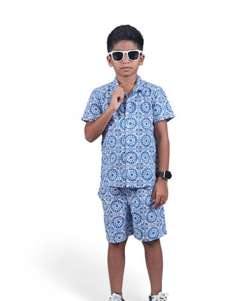 Boys Jaipuri Printed Shirt & Shorts Co-Ord Set Blue White