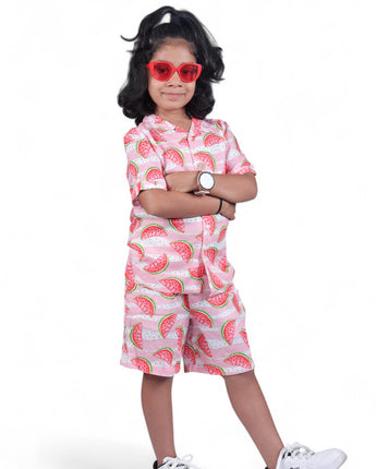 Boys & Girls Unisex Fruit Printed Shirt & Short Co-Ord Set Pink Red