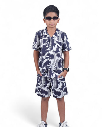 Boys Japanese Printed Shirt & Short Co-Ord Set Royal Blue