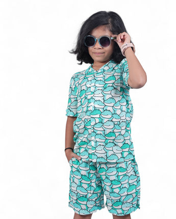 Boys & Girls Unisex Crocodile Printed Shirt & Shorts Co-Ord Set Dark Sea Green